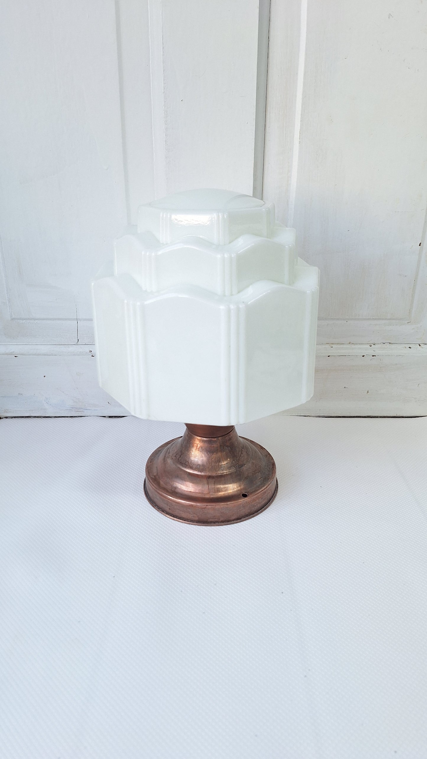 Wedding Cake Flush Mount White Glass with Brass Base, Empire Shade Light, Antique Milk Glass Light Architecture Salvage 080302