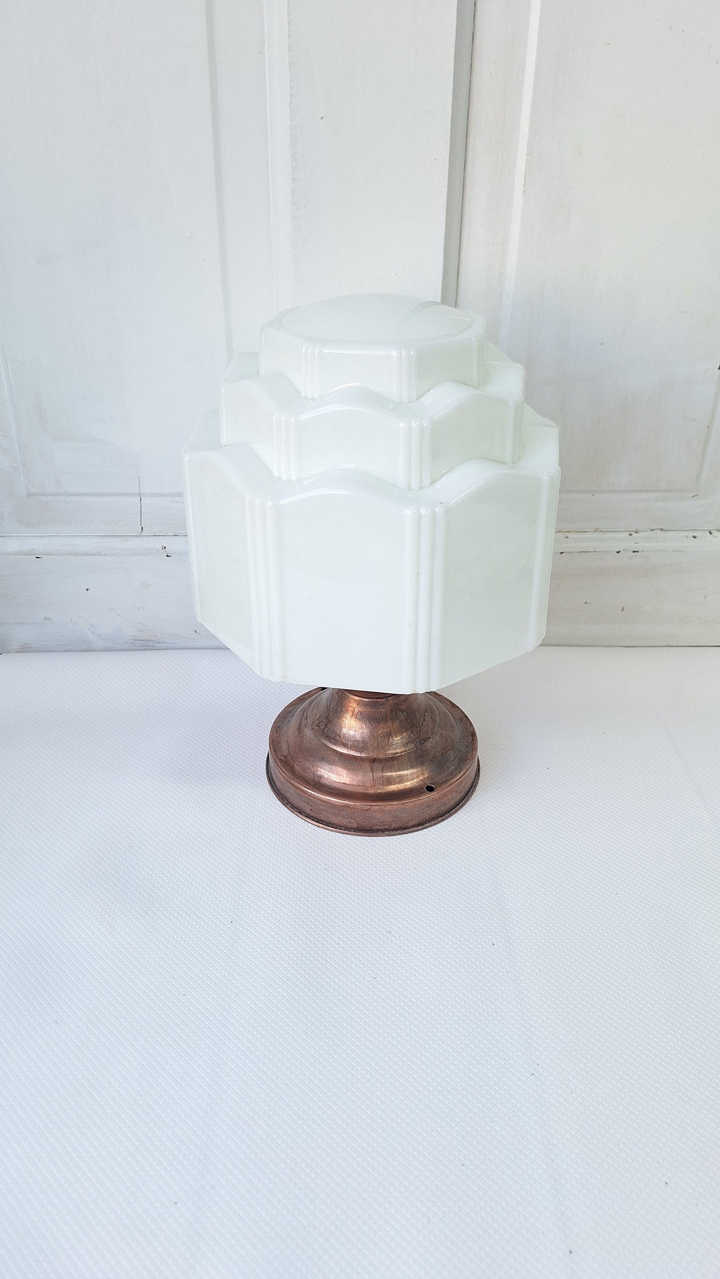 Wedding Cake Flush Mount White Glass with Brass Base, Empire Shade Light, Antique Milk Glass Light Architecture Salvage 080302
