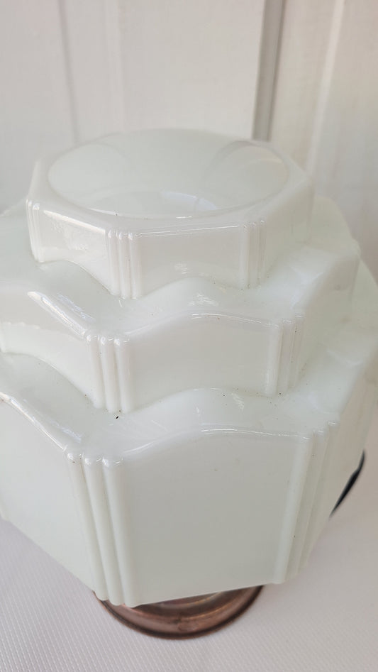 Wedding Cake Flush Mount White Glass with Brass Base, Empire Shade Light, Antique Milk Glass Light Architecture Salvage 080302