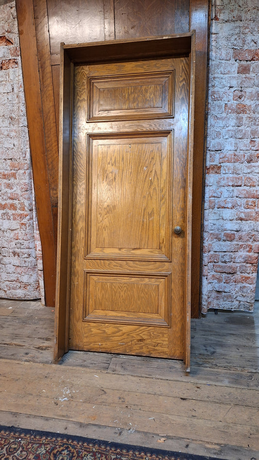 34" Oak Raised Panel Antique Door in Jamb, Interior Antique Passage Door in Frame, Salvaged Wood Door Architecture Salvage 080703