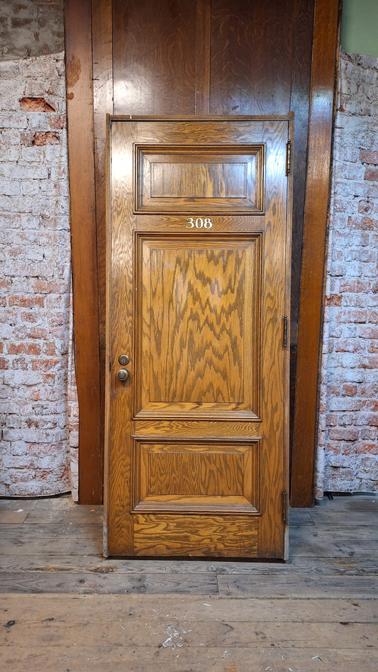 34" Oak Raised Panel Antique Door in Jamb, Interior Antique Passage Door in Frame, Salvaged Wood Door Architecture Salvage 080703