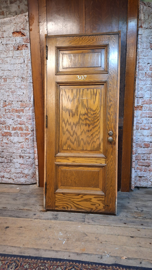 34" Oak Raised Panel Antique Door in Jamb, Interior Antique Passage Door in Frame, Salvaged Wood Door Architecture Salvage 080704
