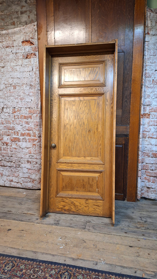 34" Oak Raised Panel Antique Door in Jamb, Interior Antique Passage Door in Frame, Salvaged Wood Door Architecture Salvage 080705
