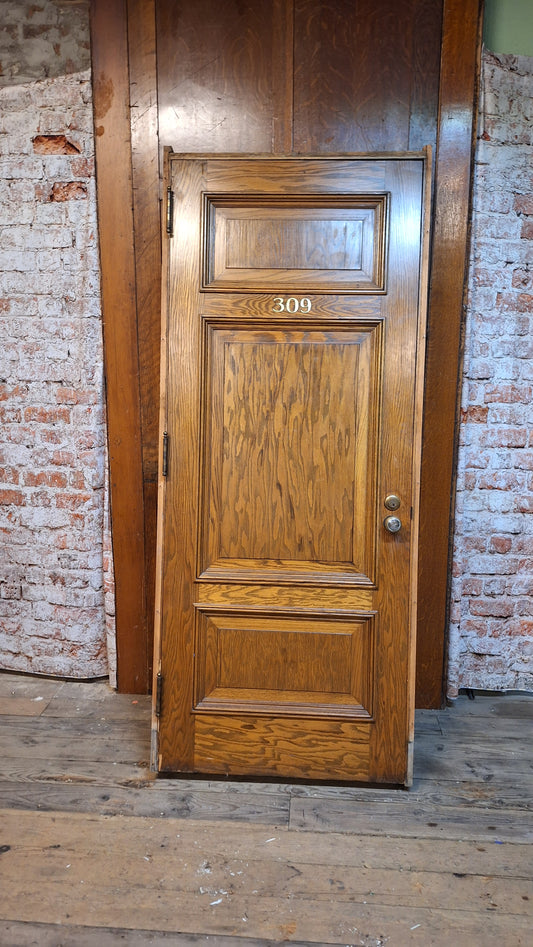 34" Oak Raised Panel Antique Door in Jamb, Interior Antique Passage Door in Frame, Salvaged Wood Door Architecture Salvage 080705
