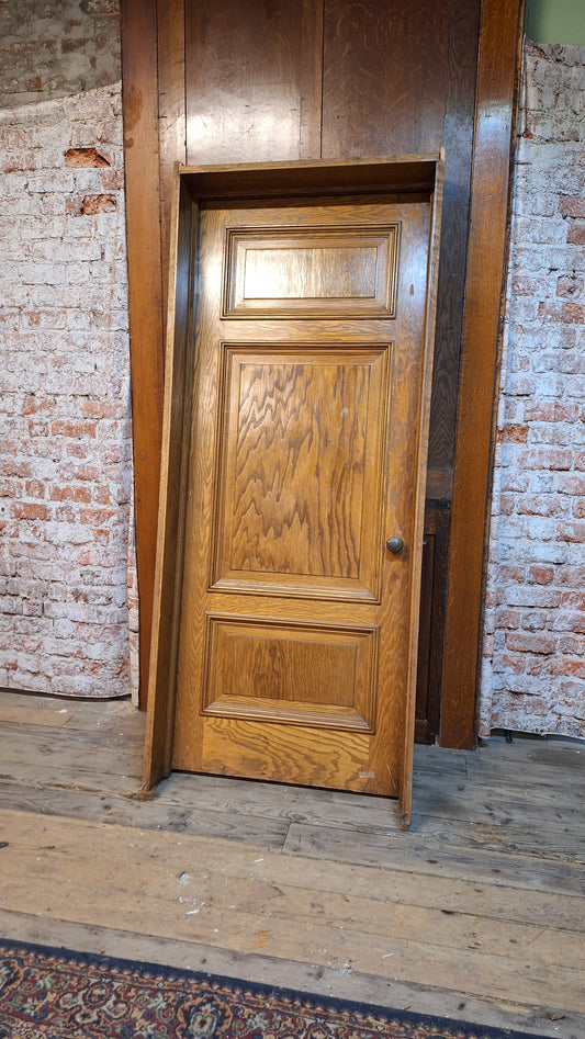 34" Oak Raised Panel Antique Door in Jamb, Interior Antique Passage Door in Frame, Salvaged Wood Door Architecture Salvage 080706