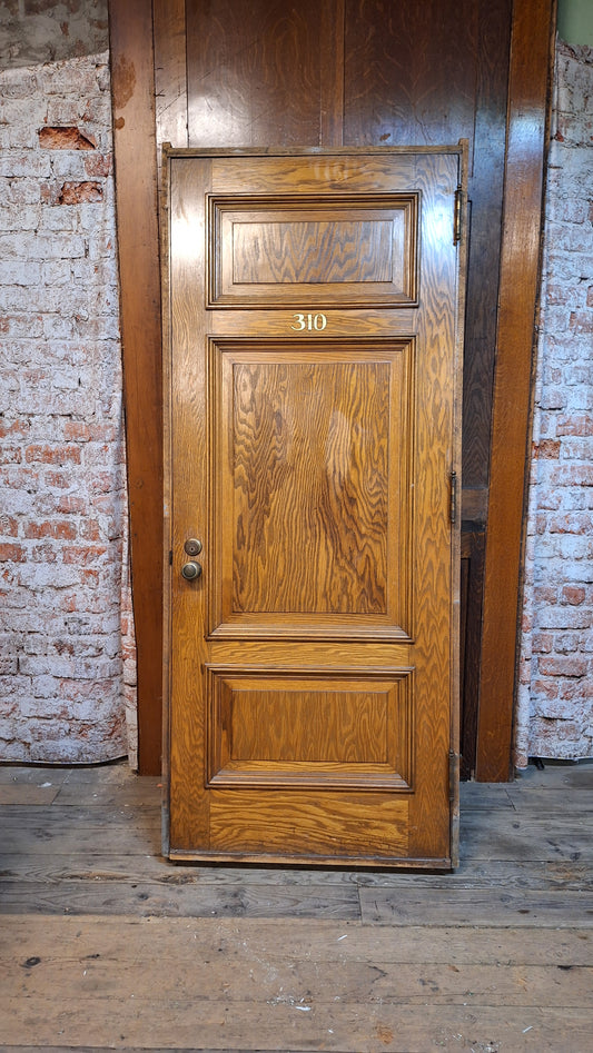34" Oak Raised Panel Antique Door in Jamb, Interior Antique Passage Door in Frame, Salvaged Wood Door Architecture Salvage 080706