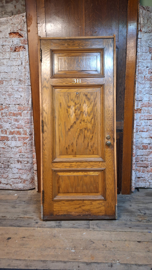 34" Oak Raised Panel Antique Door in Jamb, Interior Antique Passage Door in Frame, Salvaged Wood Door Architecture Salvage 080707