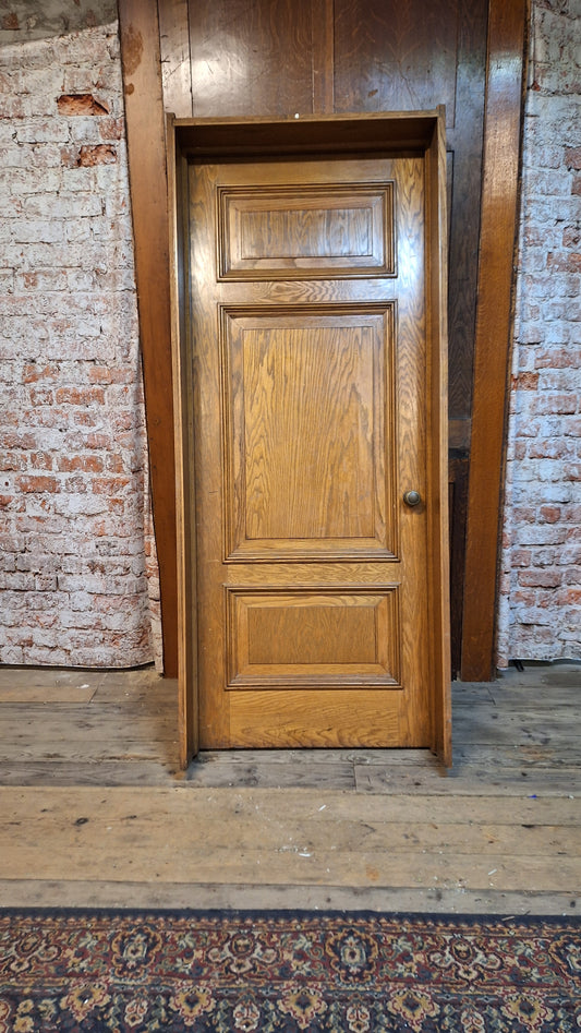 34" Oak Raised Panel Antique Door in Jamb, Interior Antique Passage Door in Frame, Salvaged Wood Door Architecture Salvage 080708