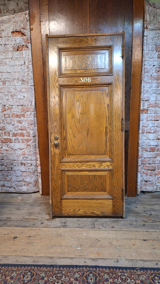 34" Oak Raised Panel Antique Door in Jamb, Interior Antique Passage Door in Frame, Salvaged Wood Door Architecture Salvage 080708