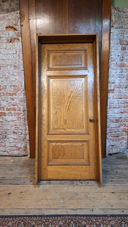 34" Oak Raised Panel Antique Door in Jamb, Interior Antique Passage Door in Frame, Salvaged Wood Door Architecture Salvage 080709