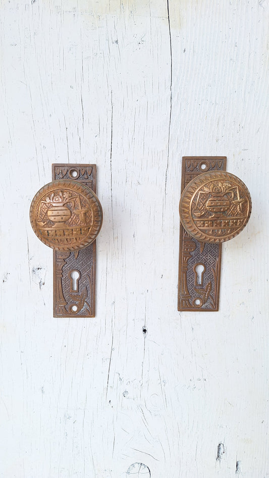 Cast Bronze Broken Leaf Design Eastlake Door Hardware, Doorknob Backplates and Knobs, Ornate Escutcheon, Eastlake Bronze Plates 080711