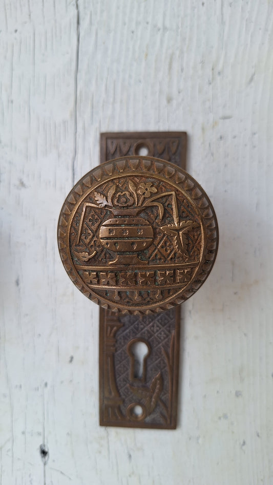 Cast Bronze Broken Leaf Design Eastlake Door Hardware, Doorknob Backplates and Knobs, Ornate Escutcheon, Eastlake Bronze Plates 080711