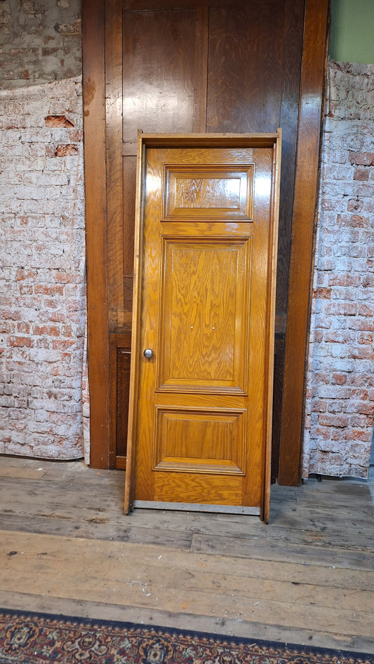 30" Oak Raised Panel Antique Door in Jamb, Interior Antique Passage Door in Frame, Salvaged Wood Door Architecture Salvage 080710