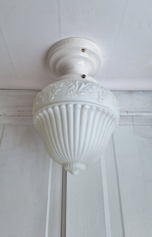Vintage White Glass Acorn Light, Flush Mount Molded Glass Fixture, Fancy Frosted Glass Ceiling Light, Architecture Salvage Light 080801
