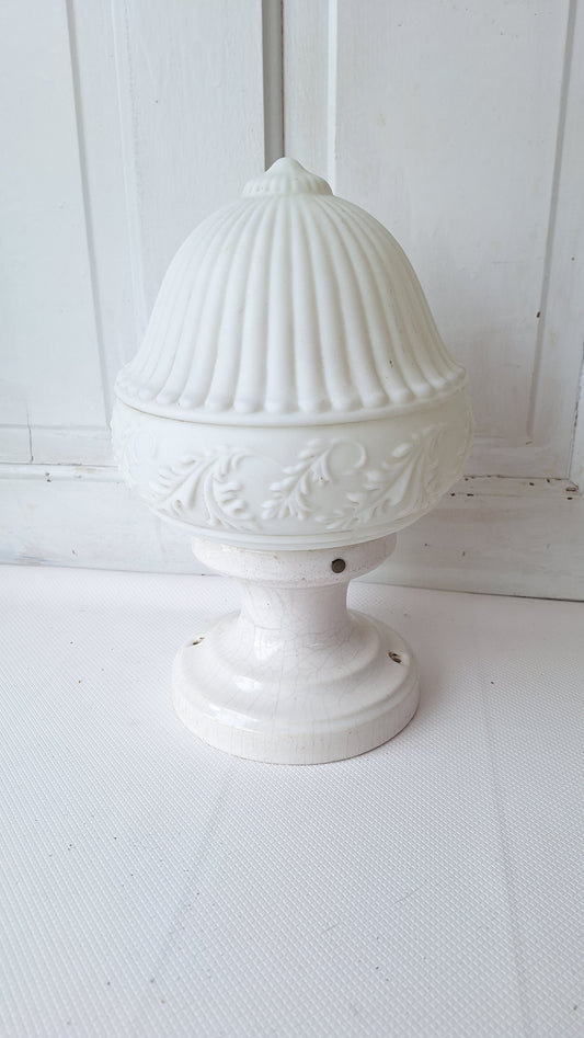 Vintage White Glass Acorn Light, Flush Mount Molded Glass Fixture, Fancy Frosted Glass Ceiling Light, Architecture Salvage Light 080801