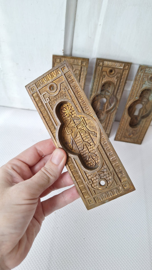 Set of Four Ornate Bronze Antique Door Pulls, Pocket Door Pull Recessed Handle, Sliding Door Pull, Brass Pull for Rolling Door 080802