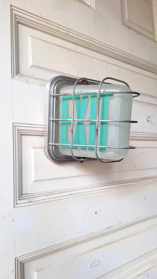 Vintage Green and White Exit Sign with Steel Base, Wall Mounted Exit Sign Light, Milk Glass Exit Light Fixture 081003