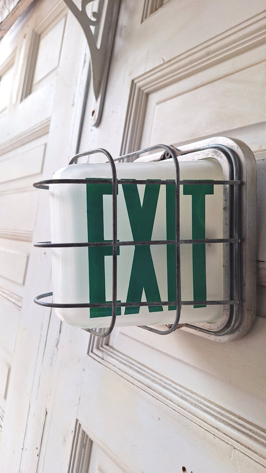 Vintage Green and White Exit Sign with Steel Base, Wall Mounted Exit Sign Light, Milk Glass Exit Light Fixture 081003