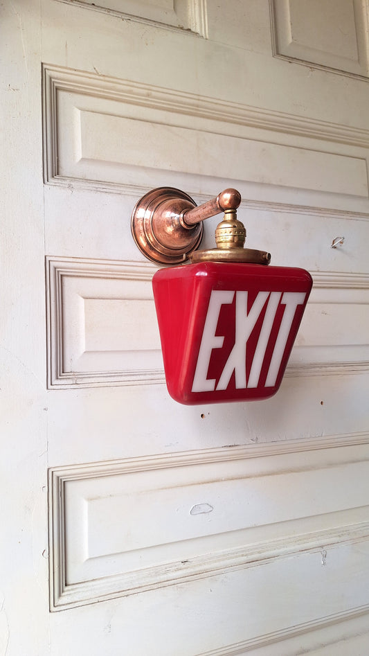 Vintage White and Red Exit Sign with Ornate Base, Wall Mounted Exit Sign Light, Milk Glass Exit Light Fixture 081004