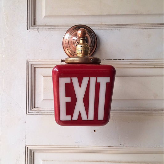 Vintage White and Red Exit Sign with Ornate Base, Wall Mounted Exit Sign Light, Milk Glass Exit Light Fixture 081004