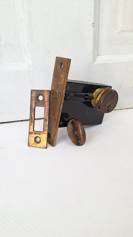 Vintage Corbin Cylinder Lock Mortise, Brass And Iron Mortise Lock Dead Bolt, Small Latch with Thumb Turn Key 081401