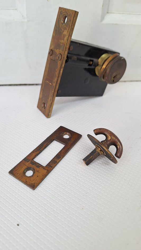 Vintage Corbin Cylinder Lock Mortise, Brass And Iron Mortise Lock Dead Bolt, Small Latch with Thumb Turn Key 081401