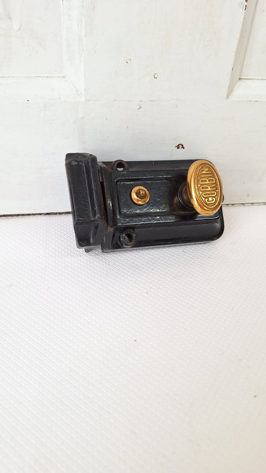 Vintage Corbin Dead Bolt, Brass And Iron Interior Style Rim Lock with T Handle, Surface Mount Brass Door Lock 081402