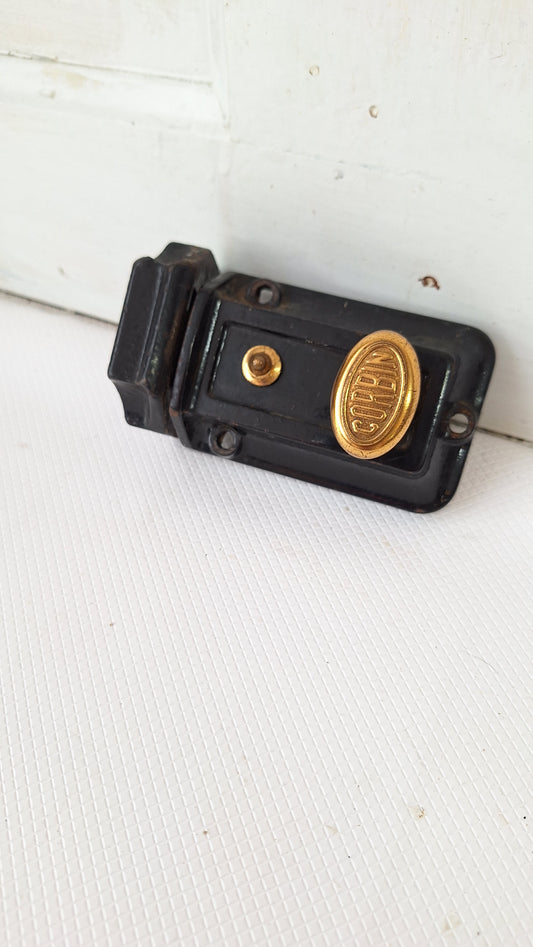 Vintage Corbin Dead Bolt, Brass And Iron Interior Style Rim Lock with T Handle, Surface Mount Brass Door Lock 081402