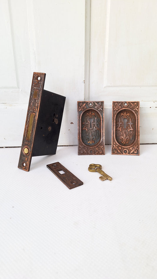 Complete Pocket Door Hardware Set with Key, Pocket Door Mortise Lock, Pocket Door Pulls, Antique Pocket Door Lock 081901