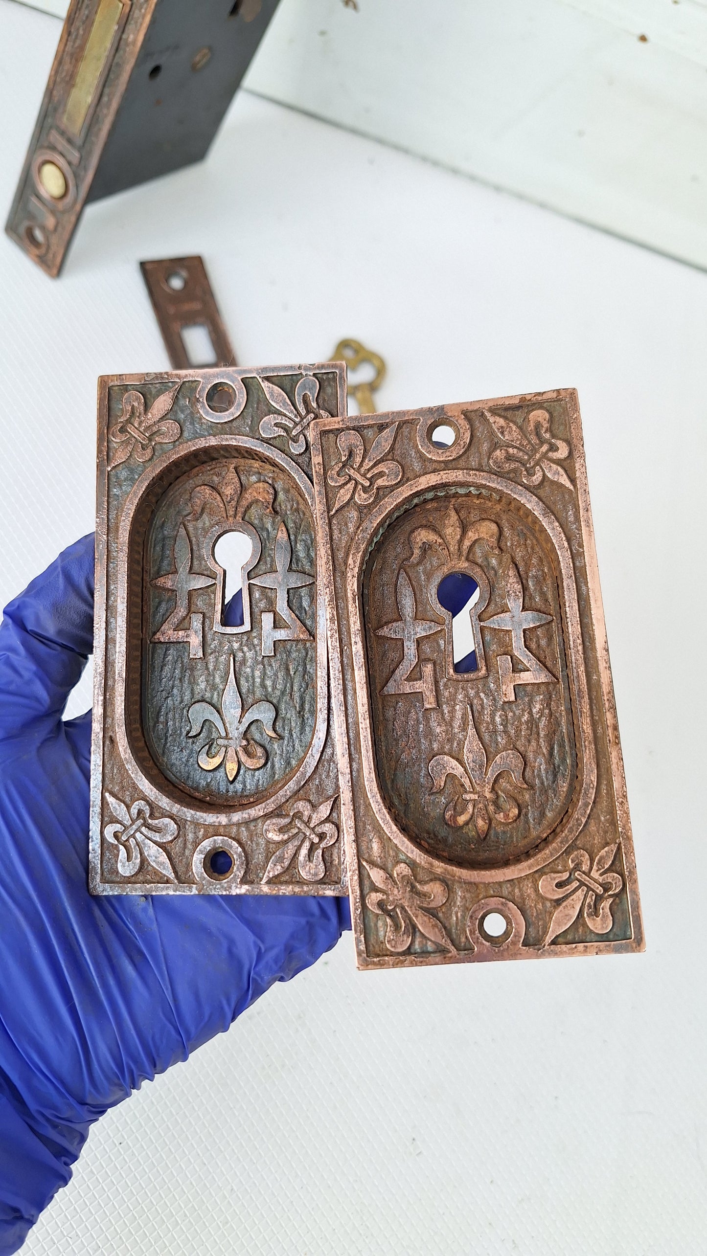Complete Pocket Door Hardware Set with Key, Pocket Door Mortise Lock, Pocket Door Pulls, Antique Pocket Door Lock 081901