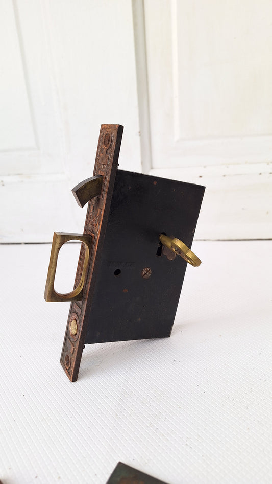 Complete Pocket Door Hardware Set with Key, Pocket Door Mortise Lock, Pocket Door Pulls, Antique Pocket Door Lock 081901