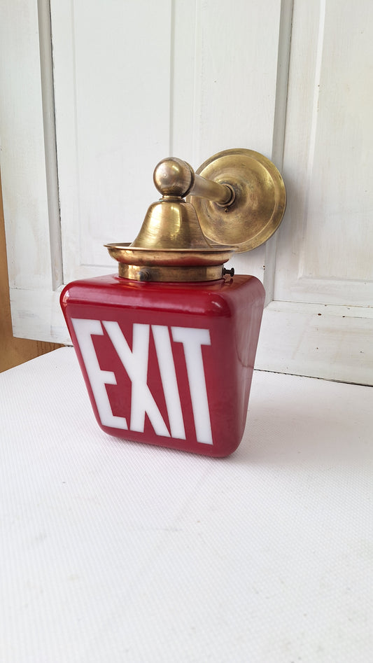 Vintage White and Red Exit Sign with Ornate Base, Wall Mounted Exit Sign Light, Milk Glass Exit Light Fixture 081903