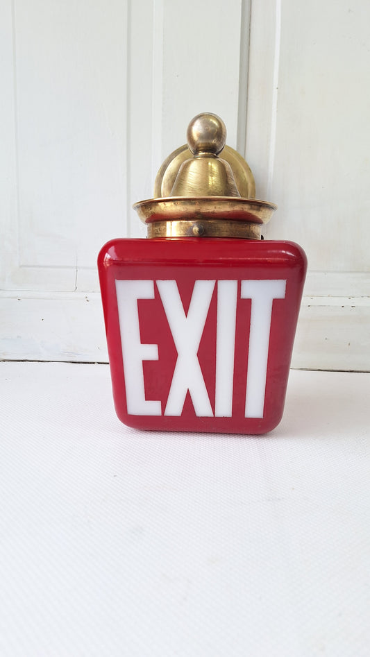 Vintage White and Red Exit Sign with Ornate Base, Wall Mounted Exit Sign Light, Milk Glass Exit Light Fixture 081903