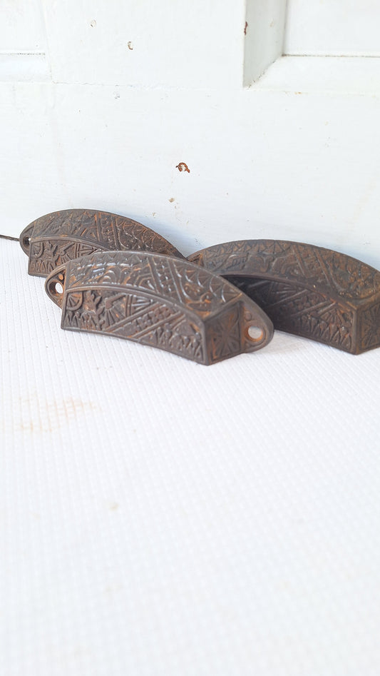 Three Apothecary Pulls, Cast Iron Bin Pull, Antique Ornate Drawer Handle, Eastlake Victorian Hardware 082102