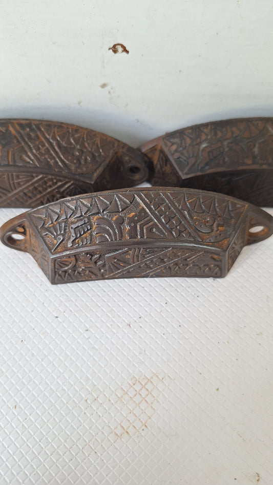 Three Apothecary Pulls, Cast Iron Bin Pull, Antique Ornate Drawer Handle, Eastlake Victorian Hardware 082102