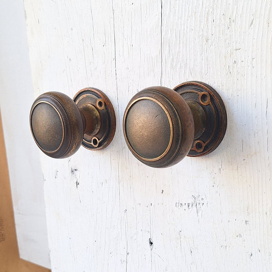 Antique Set of Solid Bronze Doorknob Set, Antique Door Knob Set with Bronze Rosettes Collars, Architecture Salvage
