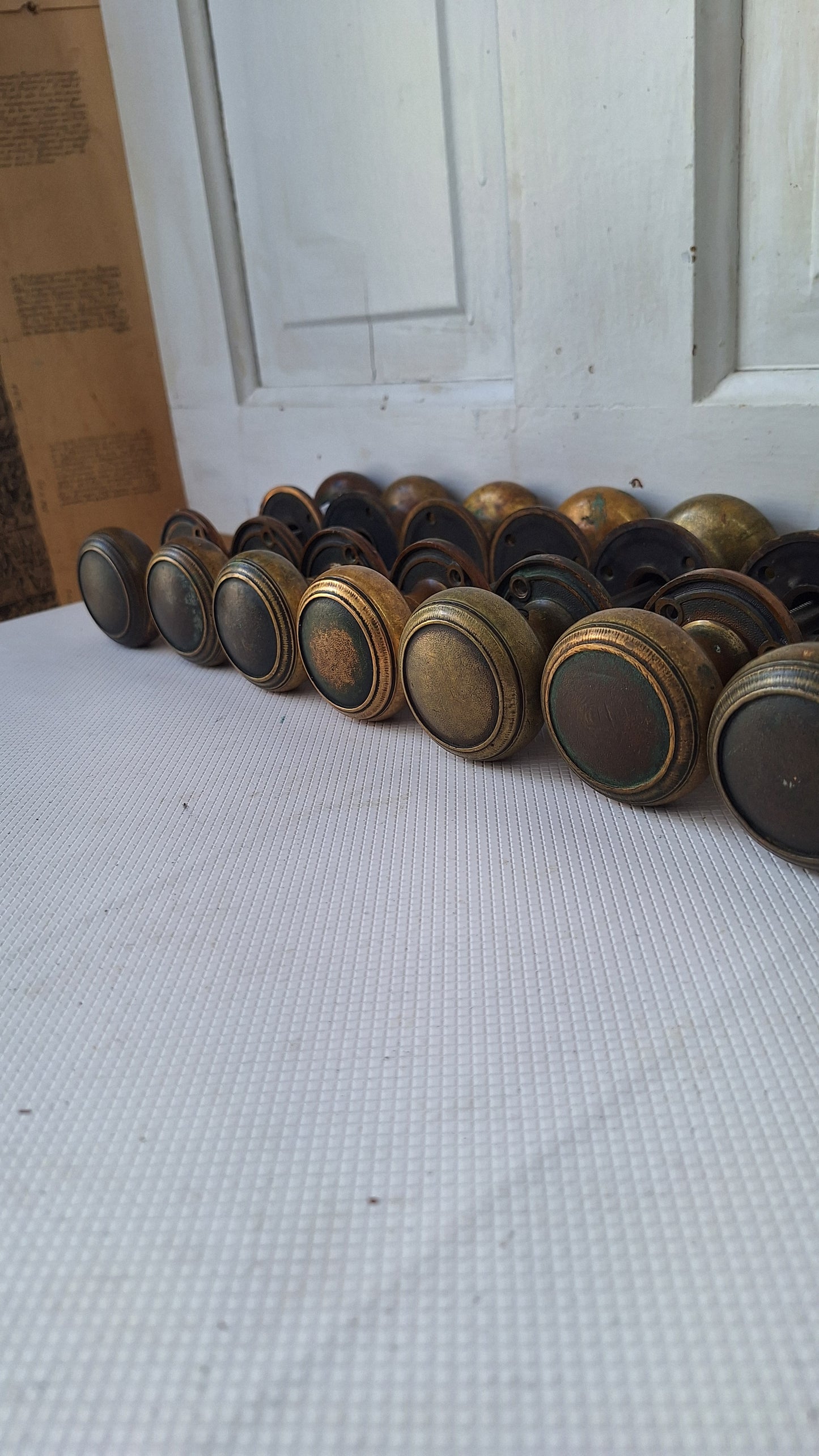 Antique Set of Solid Bronze Doorknob Set, Antique Door Knob Set with Bronze Rosettes Collars, Architecture Salvage