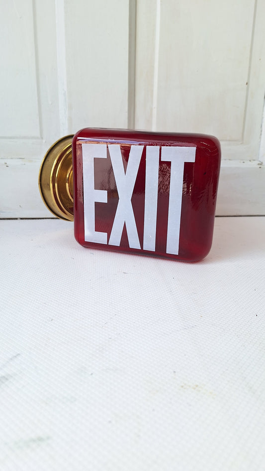 Vintage White and Red Exit Sign with Brass Base, Wall Mounted Exit Sign Light, Milk Glass Exit Light Fixture Kopp Brand 082105