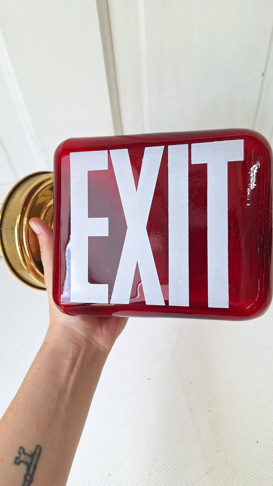 Vintage White and Red Exit Sign with Brass Base, Wall Mounted Exit Sign Light, Milk Glass Exit Light Fixture Kopp Brand 082105