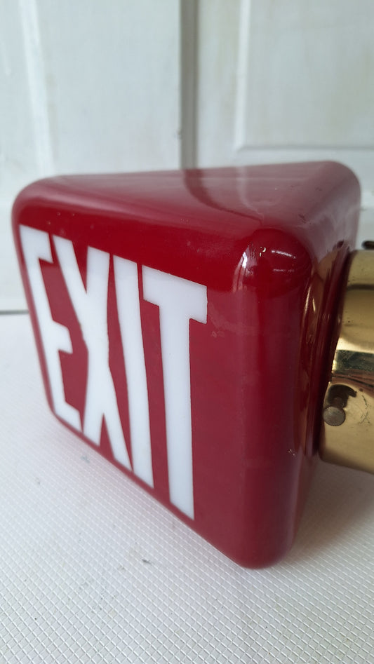 Vintage White and Red Exit Sign with Brass Base, Wall Mounted Exit Sign Light, Milk Glass Exit Light Fixture Kopp Brand 082106