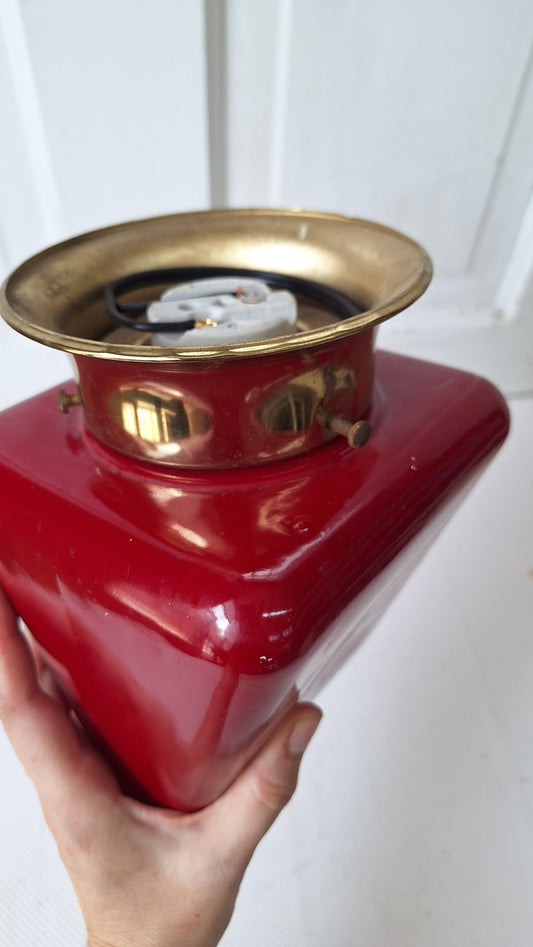 Vintage White and Red Exit Sign with Brass Base, Wall Mounted Exit Sign Light, Milk Glass Exit Light Fixture Kopp Brand 082106