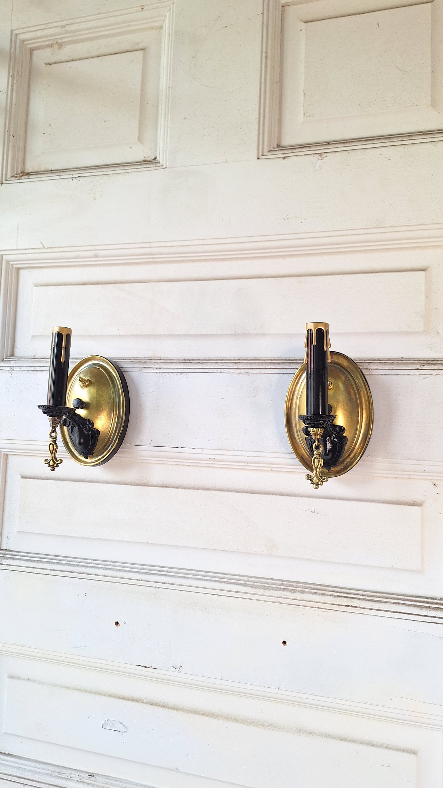 Pair of Vintage Brass Sconces, Two Antique Wall Sconce Lights with Candle Sockets 082502