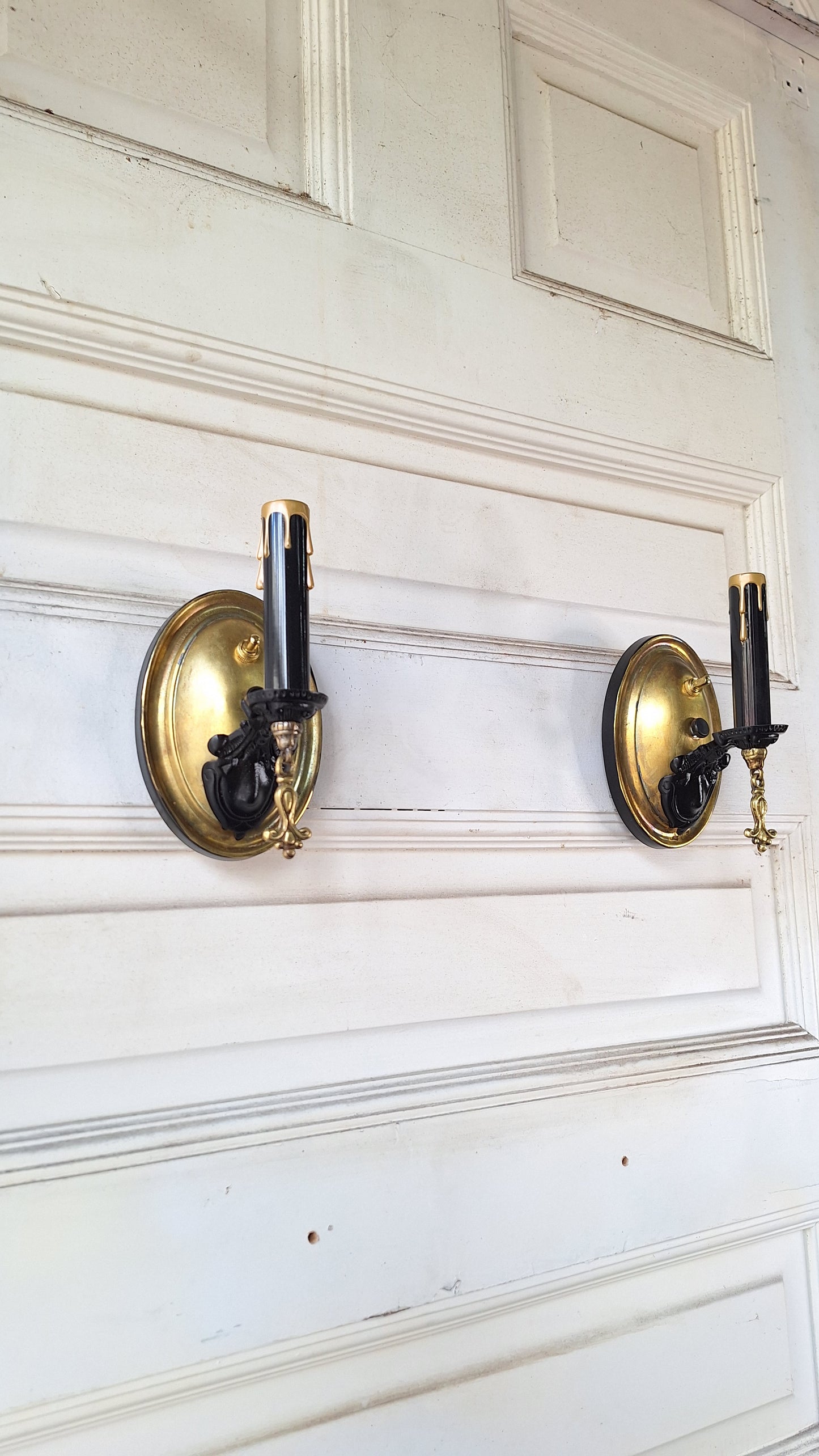 Pair of Vintage Brass Sconces, Two Antique Wall Sconce Lights with Candle Sockets 082502