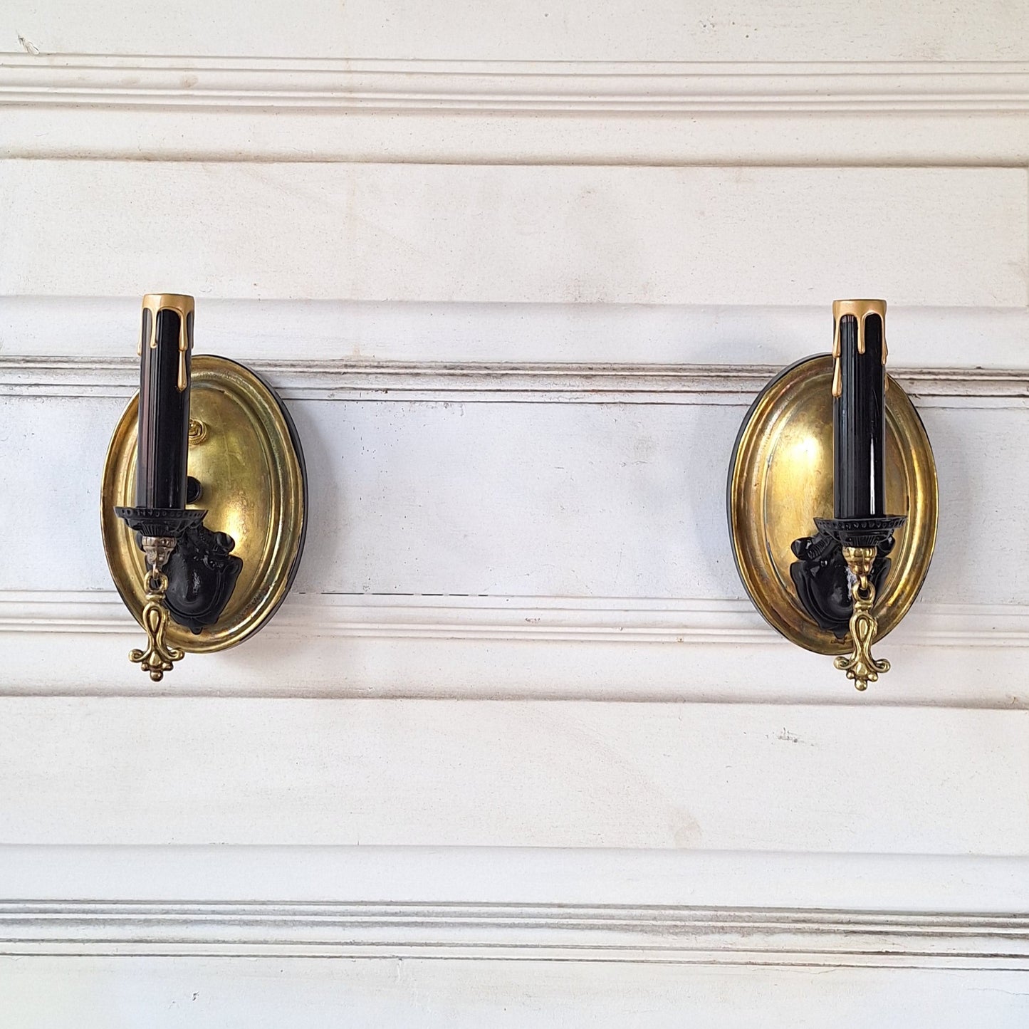 Pair of Vintage Brass Sconces, Two Antique Wall Sconce Lights with Candle Sockets 082502