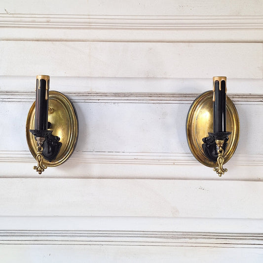 Pair of Vintage Brass Sconces, Two Antique Wall Sconce Lights with Candle Sockets 082502