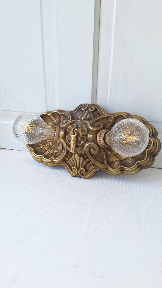 Art Deco Flush Mount Light, Two Socket Light, Antique Flush Mount, Small Vintage Light, Antique Brass Light, Vintage Brass Light 082506