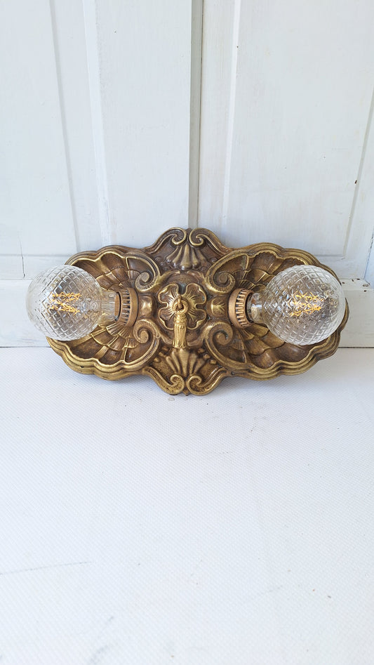 Art Deco Flush Mount Light, Two Socket Light, Antique Flush Mount, Small Vintage Light, Antique Brass Light, Vintage Brass Light 082506