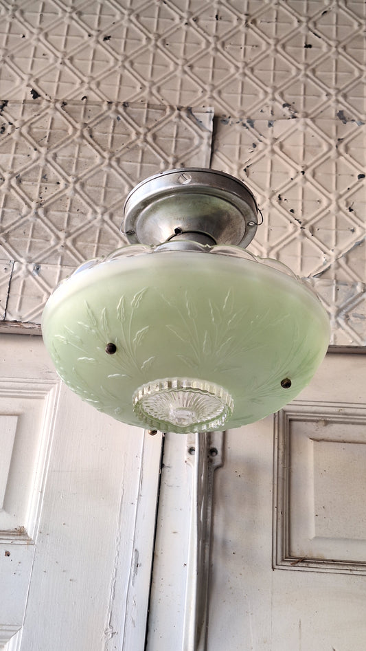 Vintage Green Glass Bowl Shade Three Chain Deco Light, Semi Flush Antique Light, Green Glass Vintage Light, Architectural Salvage 082601