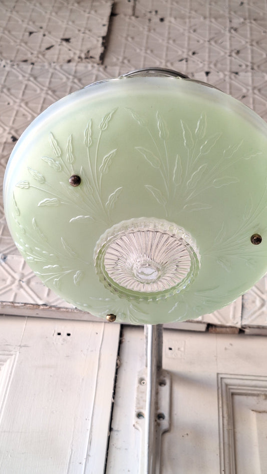 Vintage Green Glass Bowl Shade Three Chain Deco Light, Semi Flush Antique Light, Green Glass Vintage Light, Architectural Salvage 082601