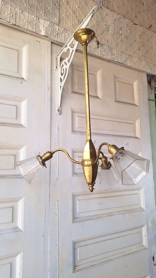 Early Electric Antique Chandelier with Etched Glass Shades, Etched Cut Glass, Vintage Brass Chandelier Light 082602